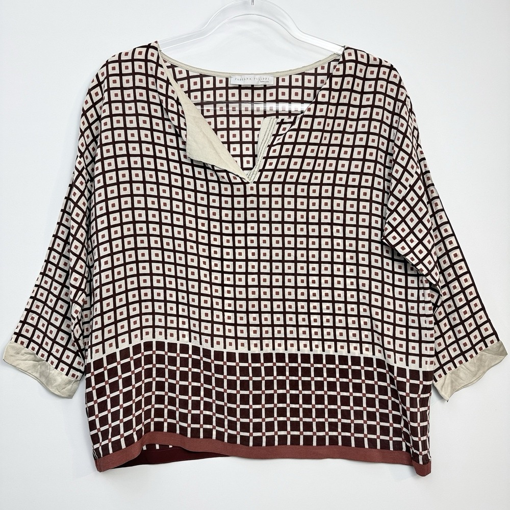 Fabiana‎ Filippi Silk Geometric Print Beaded Trim Blouse Sz M/L Italy Boxy $695+